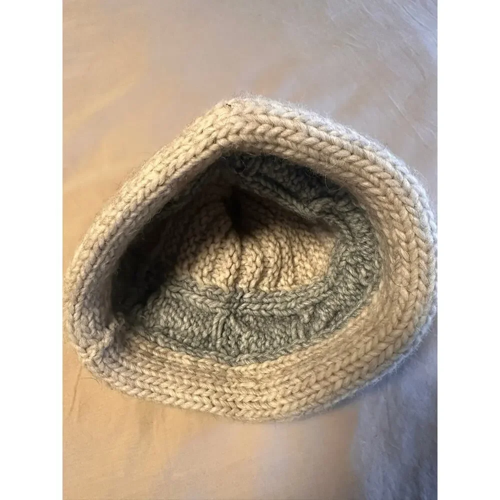Chunky Cable Knit Beanie Hat Beige Grey Two Tone Winter Warm Rolled Brim